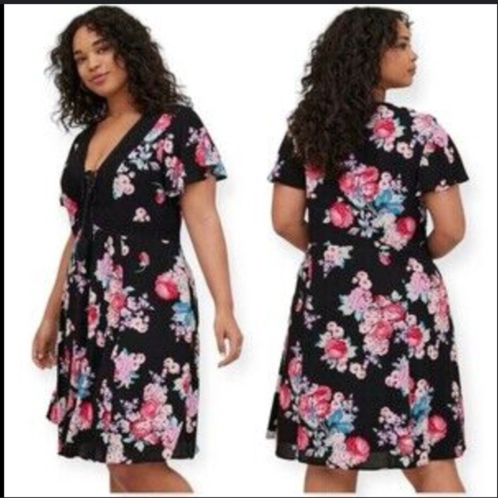 Torrid Pink Rose Garden‎ Black Dress Size 0X XL 14